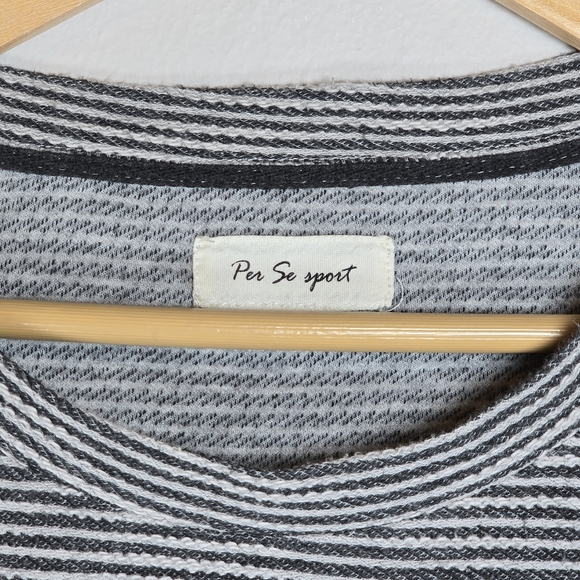 Per Se Sport Gray Stripe Knit Sweater Medium Large Stretch Country Cottage Chic - Picture 5 of 9